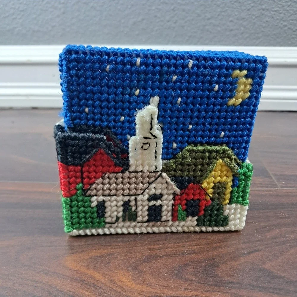 Vintage Plastic Canvas Coaster Set Village Church Scene Handmade‎ Needlepoint
